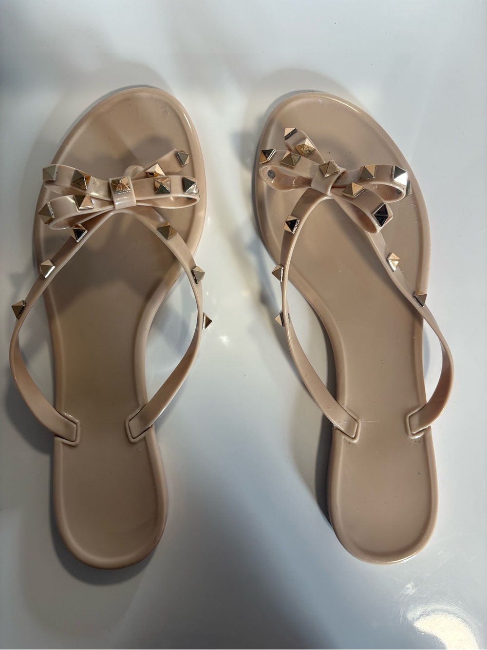 Nude Studded Bow Jelly Sandals - Women